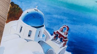 Santorini. Watercolor seascape tutorial.