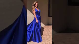 Royal blue deep V neck satin A line long prom dress #duet #englandvsspain #spainvsengland #football