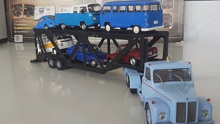 Cegonha Scania Jacaré Carregada de Volkswagen Kombi, Zé do Caixão, TL e Fusca em Miniaturas 1 43