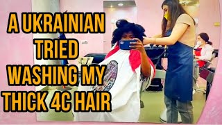 BLACK GIRL GETS HAIR DONE IN UKRAINE 🇺🇦 | She Wanted To Straighten My Thick 4B/4C Hair!