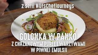 Golonka w panko z chrzanowym puree i warzywami w piwnej emulsji