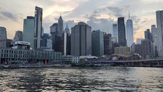 NYC Manhattan skyline and Brooklyn bridge view from Ferry