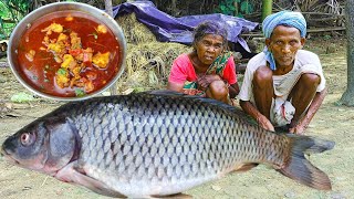 4kg FISH cutting & cooking by rural tribe family || 4kg fish cooking and eating together by poor man