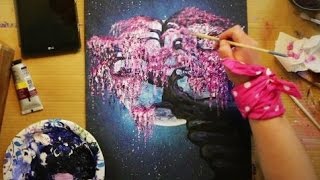 How to Paint a WEEPING CHERRY BLOSSOM TREE in the Moonlight   on the Edge of a Cliff - STEP by STEP