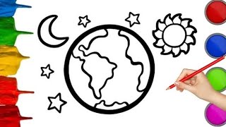 Earth, Sun, Moon Drawing,Painting and Coloring for Kids & Toddlers|How to Draw Earth, Sun, Moon