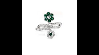 Emerald and Diamond Two Flower Ring 18k White Gold