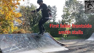 First fakie frontside smith stall on a miniramp on a skateboard