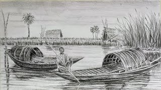 How To Draw Sailor on Wooden Boat In A Scenery// Step By Step Boat Scenery Drawing