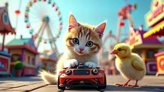 Chick & Cat's Toy Car Adventure at the Amusement Park!