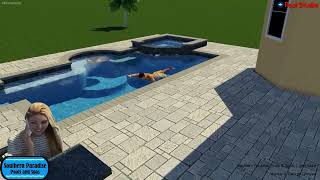 Modern Pool and Spa With Travertine Coping, In-Pool Table, Lap Lane