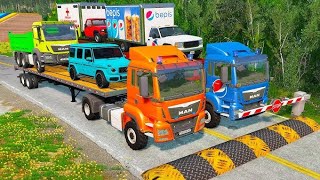 Double Flatbed Trailer Truck vs Speedbumps Train vs Cars _ BeamNG.Drive