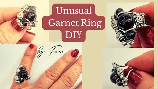 Unusual Garnet Ring/Wire Wrap/Oriental metal Beads/Garnet January Birthstone DIY Ring/Free Tutorial