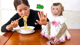 Monkey Tina is angry with his mother for not feeding him instant noodles.