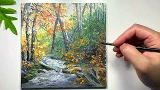 Full Tutorial/ Sunshine Autumn River /Easy Acrylic Painting Tutorial For Beginners Step By Step #317