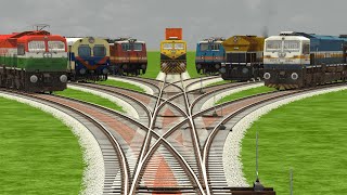 7 INDIAN TRAINS CROSSING ON BUMPY BRANCHED RAILROAD TRACKS | Train Simulator | Railroad Crossing