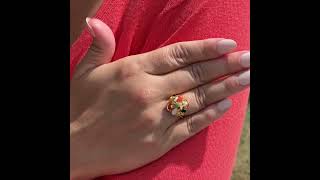 Genuine Coral, Opal, Jade, Onyx, Tiger's-Eye Gold-Plated Necklace, Earrings and Ring Set