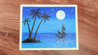 Drawing Ship In The Sea Landscape Scenery / Step By Step Acrylic Painting For Beginners / Sunset