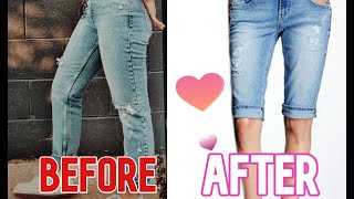 How to Make Bermuda Jean Shorts from Old Thrifted Jeans FAST & Easy Sewing Tutorial DIY, Jean Hacks