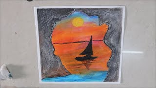 Sea View From Mountain With Sunset Oil Pastel Drawing