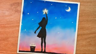 How to draw a moonlight girl with stars | Oil Pastels technique for beginners