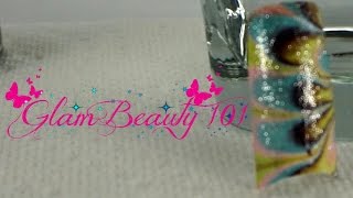 Light Blue,Purple,Light Green & Light Pink Flower Water Marble Nail Art Design Tutorial