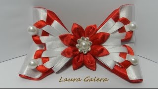 Moño para el cabello con flor Kanzashi!! Hair bow with Kanzashi flower!! Laço com flor Kanzashi!!