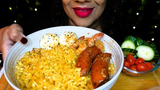 ASMR Spicy Carbonara Noodles, Shrimp, Sausage, Eggs | Eating Sounds | No Talking