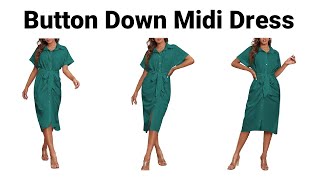 Women's Collar Button Down Ruched Self Tie Short Sleeve Midi Dress, Green #dress