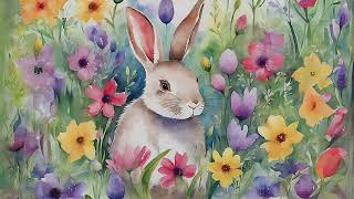 FREE TV ART SCREENSAVER, EASTER BUNNY WILD FLOWERS WATERCOLOUR PAINTING, NO MUSIC WALLPAPER, 4K