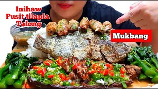 Mukbang Grilled Seafood tilapia Squid egg plant|inihaw na tilapia pusit at talong na insalada