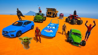 Disney Cars Сhallenge on ramps with The King Spiderman Ironman Baby Yoda & other Top Superheroes #1