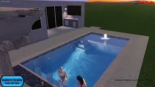 Modern Pool With Pergola, Bar Stools, Travertine Deck and Coping