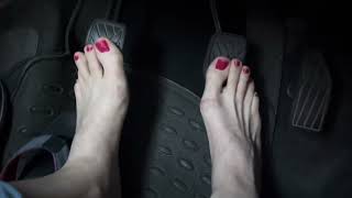 Pedal pumping Girl driving flip-flops and Barefoot 🦶