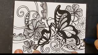 2 Butterflies in Tangle garden ,Zentangle Doodle Art Tutorial, 2024_50