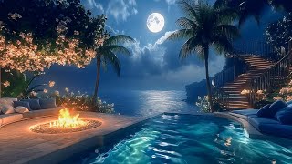 Night Ocean Waves & Firelight 🌴 Sleep-Inducing Island Ambience for Stress Relief - Heals the Mind