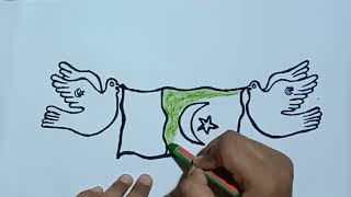 easy drawing and coloring PAKISTANI flag with birds