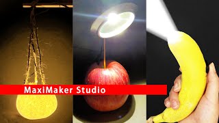 DIY 3 simple LED fruit lights invention.  handmade Apple desk lamp orange lamp Banana flashlight