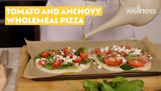 Zoe's wholemeal pizza with tomato, anchovies and goat's cheese