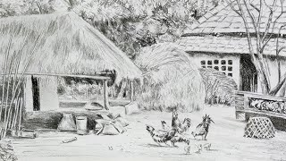 Simple Village Scenery Drawing With Pencil Sketch And Shadding