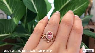 Oval Vintage Halo Peach Sapphire Bridal Set Curved Leaf Diamond Band