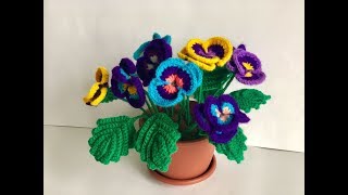 Анютины глазки в горшочке крючком на 8 марта , часть2 /Crocheted pansies in a pot on March 8, part 2