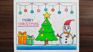 Merry Christmas Drawing / Christmas Drawing Easy Steps / Christmas Tree Drawing / Christmas Drawing