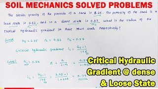 soil mechanics solved problems, specific gravity, void ratio, porosity, critical hydraulic gradient