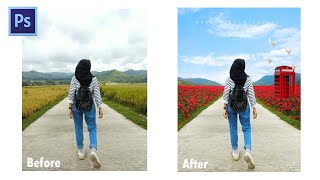 PHOTOSHOP TRANSFORMATION | BEAUTIFUL RED FLOWERS FIELD | DARA DUSE