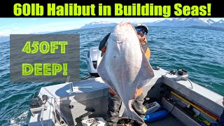 60lb Halibut in Building Seas! 450ft Deep! Alaskan Halibut Fishing - Juneau, Alaska! JUNE 2024