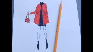 How to draw orange winter coat with black dress inside