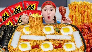 ASMR MUKBANG 배고파서 직접 만든 순두부 열라면 & 김밥 & 양념치킨 먹방! RAMYEON & KIMBAP & CHICKEN EATING SOUND | HIU 하이유