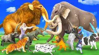 10 Mammoth Elephant vs 10 Cow Buffalo vs Giant Tiger Lion vs Dinosaur Attack Gorilla Save By Mammoth