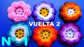 Vuelta 2: Como tejer la Flor N° 1 a crochet para aplicar en tapetes, centros de mesa