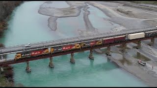 Train 725 crosses the Waimak River - by Drone